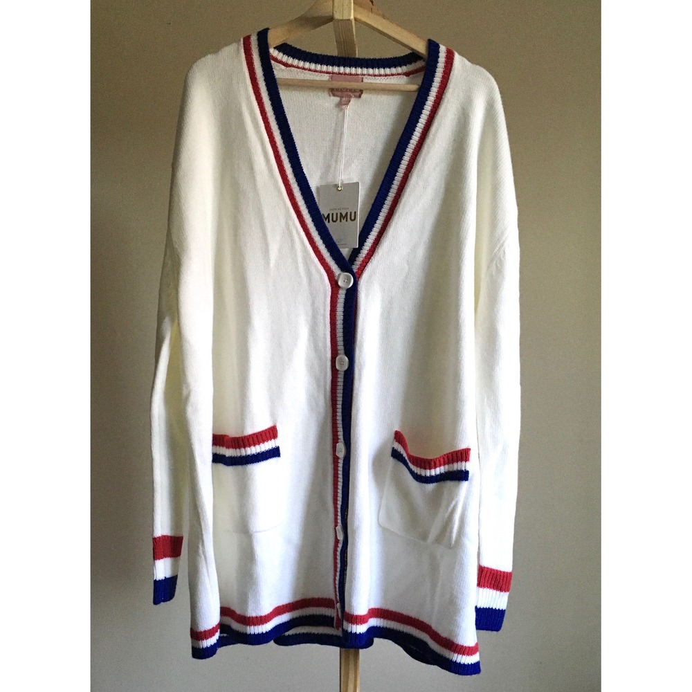 Show Me Your Mumu Womens Varsity Cardigan White Red Blue Striped XXL NWT
